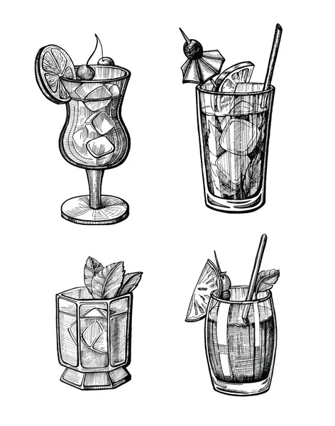 Alkohol Cocktail Handgezeichnetes Vektorillustrationsset Vintage Cocktailskizzen Mit Röhre Orange Erdbeere — Stockvektor