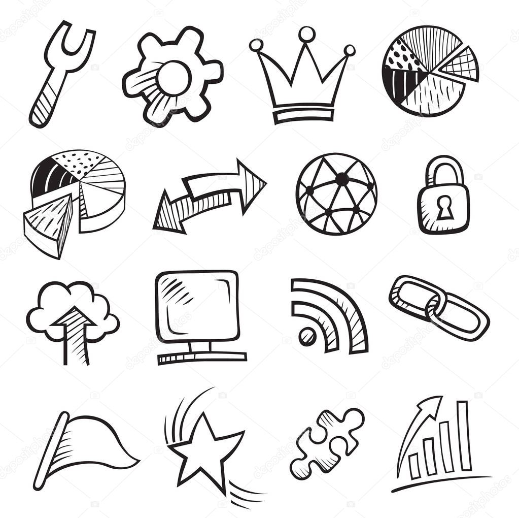 Web and Computer Icon Set. Hand drawn black Sketchy Doodles icons for the Internet. Back to School Style. Vector Illustration Design Elements 