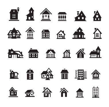 Minimalist tarzı evler Icon set. Evi ve konut sembolü. Siyah beyaz arka plan üzerinde oturum. 