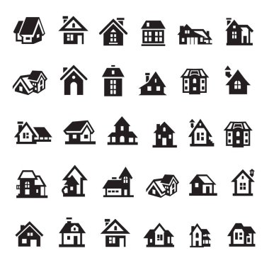 Minimalist tarzı evler Icon set. Evi ve konut sembolü. Siyah beyaz arka plan üzerinde oturum. 