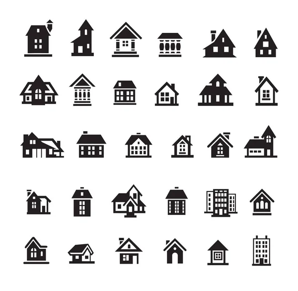 Minimalist Tarzı Evler Icon Set Evi Konut Sembolü Siyah Beyaz — Stok Vektör