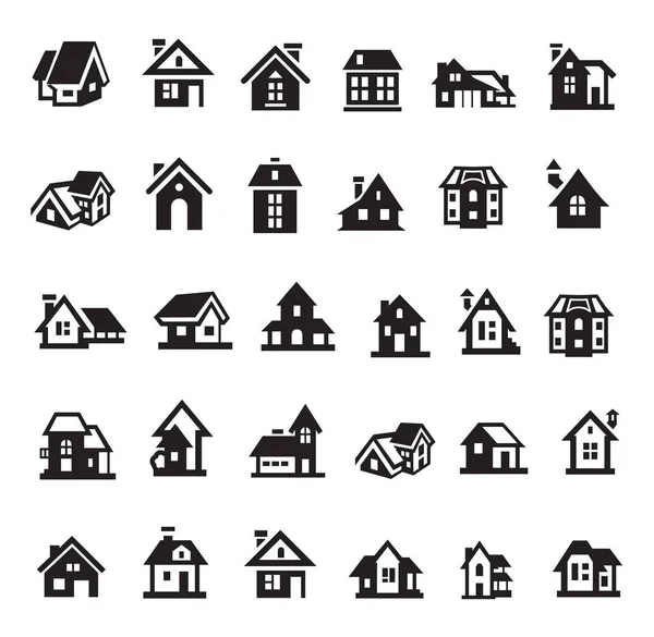Minimalist Tarzı Evler Icon Set Evi Konut Sembolü Siyah Beyaz — Stok Vektör