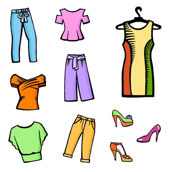 Hand Drawn Colorful Fashion Icon Set Fashionable Casual Clothes Multicolor — Stock Vector