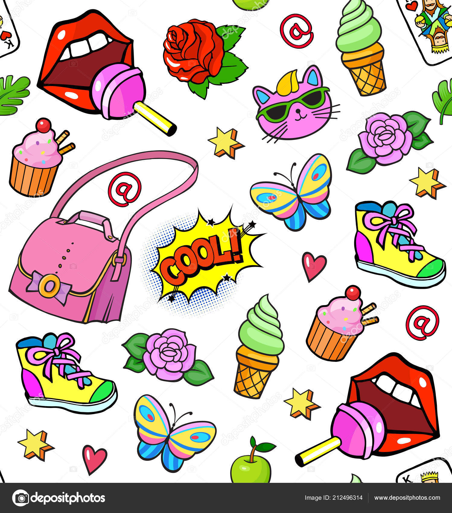Seamless Background Colorful Pop Art Style Fashion Stickers Set Handbag  Stock Vector by ©Polyudova 212496314