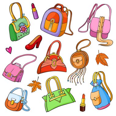 Renkli moda aksesuarları yama rozetleri ile arka plan. Ayakkabı, Ayakkabı, ruj, el çantası, sonbahar yaprakları ve diğer. Çizgi roman tarzı vektör etiketleri, iğne, düzeltme ekleri, illüstrasyon