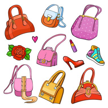 Renkli moda aksesuarları yama rozetleri ile arka plan. Ayakkabı, spor ayakkabı, Ayakkabı, ruj, el çantası, gül ve diğer. Çizgi roman tarzı vektör etiketleri, iğne, düzeltme ekleri, illüstrasyon
