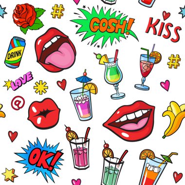 Renkli pop sanat tarzı moda etiketleri ile sorunsuz arka plan ayarlayın. Alkol kokteyller, dudaklar, gül, anlatım ve diğer öğeler. Çizgi roman tarzı vektör etiketleri, iğne, yamalar, Resimler