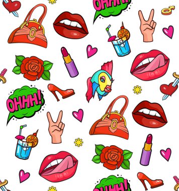 Renkli pop sanat tarzı moda etiketleri ile sorunsuz arka plan ayarlayın. El çantası, dudaklar, gül, kokteyl, anlatım ve diğer öğeler. Çizgi roman tarzı vektör etiketleri, iğne, yamalar, Resimler