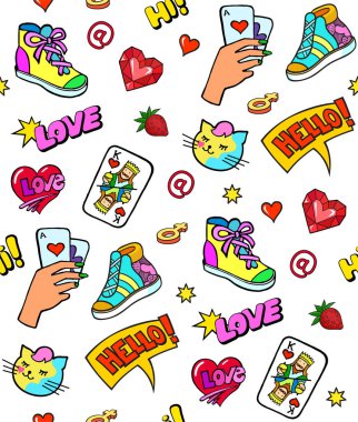 Renkli pop sanat tarzı moda etiketleri ile sorunsuz arka plan ayarlayın. Spor ayakkabı, el kartları, kedi, ünlem işareti ile ve diğer öğeleri. Çizgi roman tarzı vektör etiketleri, iğne, yamalar, Resimler