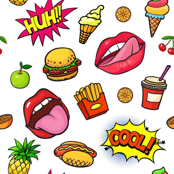Seamless Background Colorful Pop Art Style Fashion Stickers Set Fast — Stock Vector