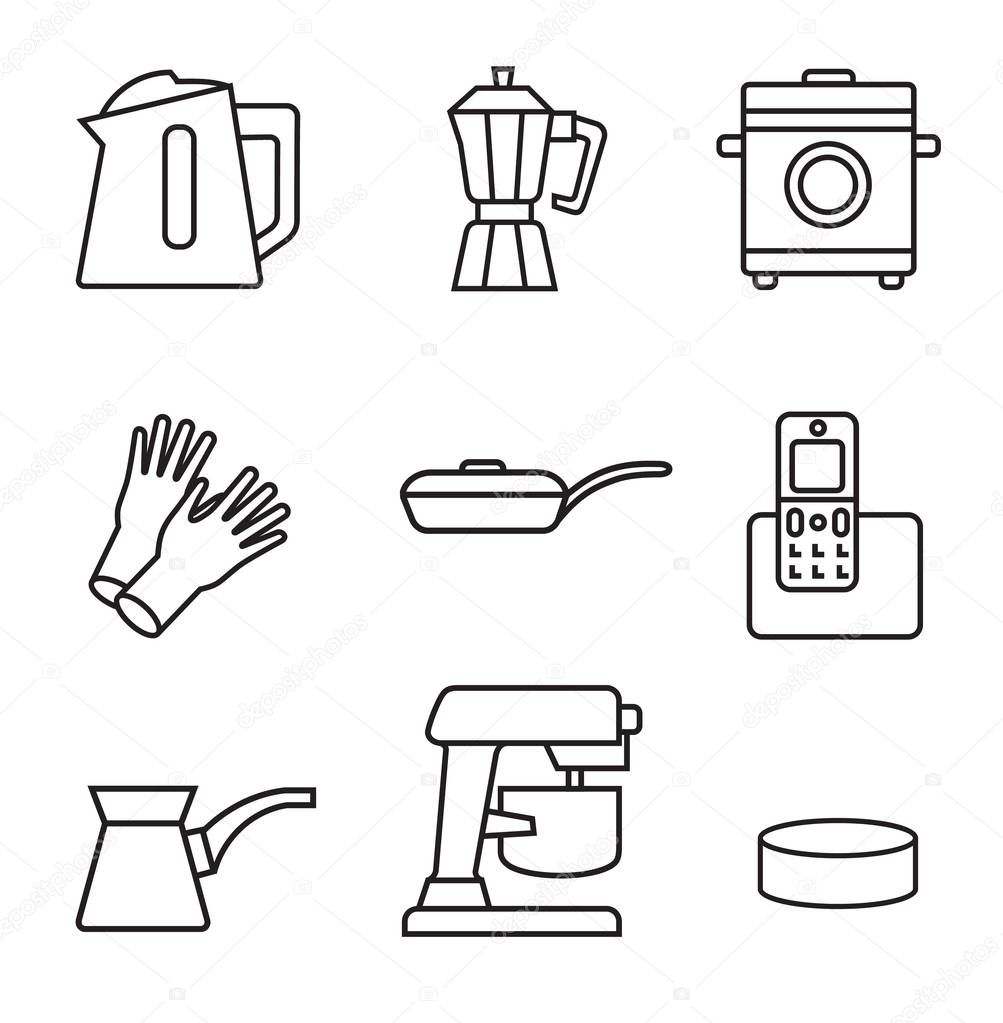 Household appliances line icon set in minimalist style. Black line sign on white background. Kettle, home glove, multi cooker, coffee grinder, mixer and other