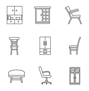 Temel mobilya ince çizgi simgesini minimalist tarzda ayarlayın. Beyaz arka planda siyah çizgi işareti. Sandalye, dolap, dolap ve diğer