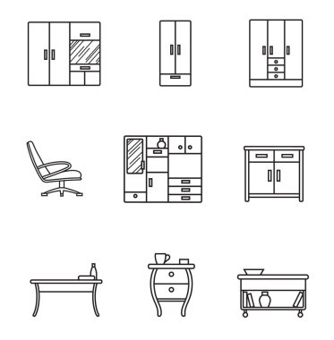 Temel mobilya ince çizgi simgesini minimalist tarzda ayarlayın. Beyaz arka planda siyah çizgi işareti. Sandalye, Masa, dolap ve diğer