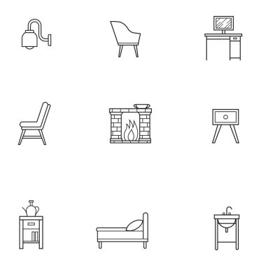 Basic Furniture thin line icon set in minimalist style. Black line sign on white background. Wall lamp, chair, bedside table, washing and other