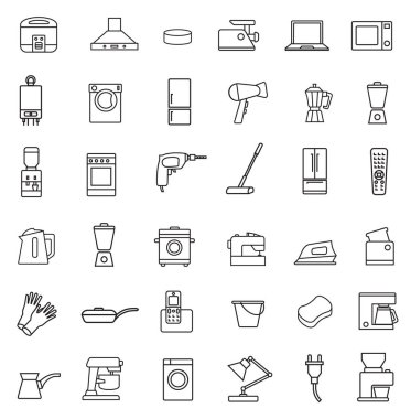 Ev aletleri minimalist tarzda Ayarla simgesini satır. Beyaz arka planda siyah çizgi işareti. Tencere, kazan, kurutma makinesi, pirinç Ocak hood, elektrikli matkap, blender, su ısıtıcısı, ekmek kızartma makinesi ve diğer
