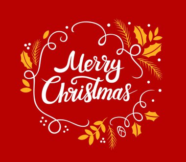 Tasarımlar yazı mutlu Noeller. Vektör çizimler ile Noel çelenk öğeleri kırmızı bir arka plan üzerinde beyaz ve sarı. Kaligrafi el çizilmiş yazı tipi
