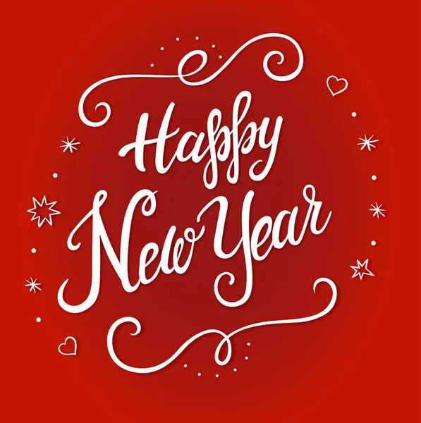 Feliz Año Nuevo Tarjeta Felicitación Con Letras Blancas Corazones Estrellas — Vector de stock