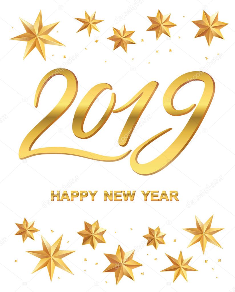 New year 2019 greeting card with volume gold lettering stars. Golden texture effect vector lettering for banners or card on a white background. Calligraphic hand drawn font. Font composition