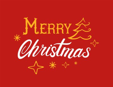 Yazı ile neşeli Noel kartı. Vektör çizimler yılbaşı ağacı yıldız ve kar taneleri şeklinde kırmızı bir arka plan üzerinde beyaz ve sarı. Dekoratif kaligrafi el çizilmiş yazı tipi