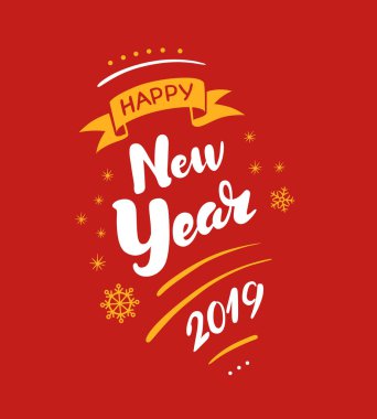 Yeni yıl 2019 tasarımlar yazı. Vektör poster için beyaz ve sarı resimler ya da kartpostal kırmızı bir arka plan üzerinde. Kaligrafi el çizilmiş yazı tipi