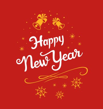 Yeni yıl 2019 tasarımlar yazı. Vektör çizimler çan yıldız ve posterler afiş veya kart kırmızı bir arka plan üzerinde için kar taneleri ile beyaz ve sarı. Kaligrafi el çizilmiş yazı tipi