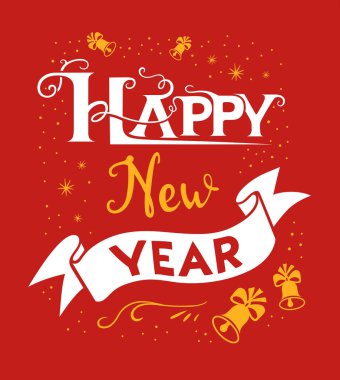 Yeni yıl poster. Çan ve yıldız ile bir hediye şeklinde vektörel çizimler. Yazı kartları afiş veya t-shirt için kırmızı bir arka plan üzerinde tasarlar. Kaligrafi el çizilmiş yazı tipi