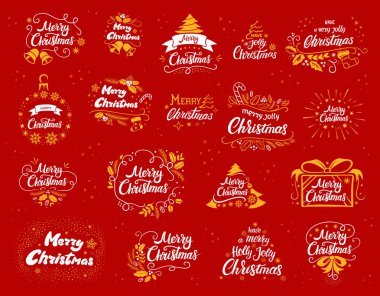 Tasarımlar yazı Noel ayarlayın. Vektör poster için beyaz ve sarı resimler ya da kartpostal kırmızı bir arka plan üzerinde. Kaligrafi el çizilmiş yazı tipi
