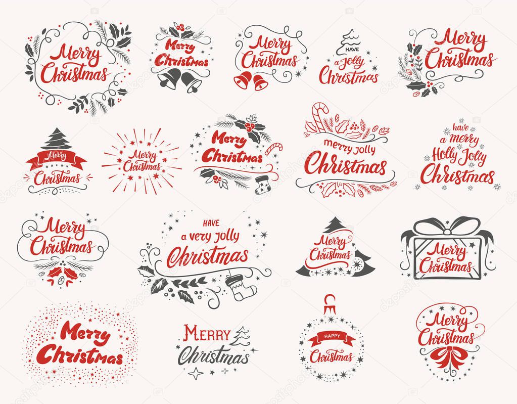 Christmas lettering designs set. Vector red and grey illustrations for posters t-shirt or postcard on a white background. Calligraphic hand drawn fontac