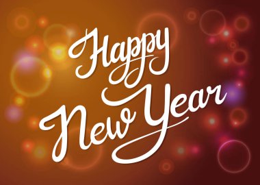 Mutlu yeni yıl afiş beyaz parlak ışık ve gölge yazı ile. Vektör yazı afiş veya bir altın kahverengi zemin kaligrafi el çizilmiş yazı tipi kart için. Yazı tipi kompozisyon