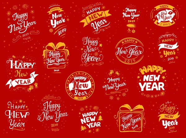 Año Nuevo 2019 Conjunto Diseños Letras Ilustraciones Vectoriales Blanco Amarillo — Vector de stock