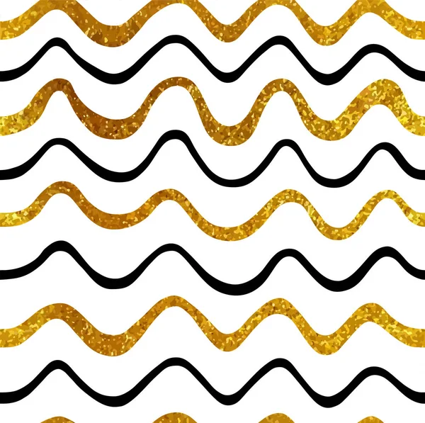 Geometric Waves Vector Gold Black Glittering Seamless Pattern White Background — Stock Vector