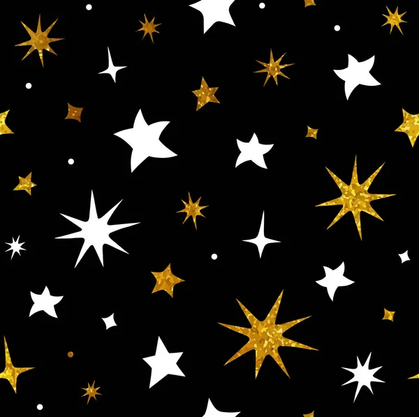 Vektor Texturierte Goldene Glitzernde Und Weiße Nahtlose Sternenmuster Auf Schwarzem — Stockvektor