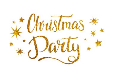 Beyaz yazı ve altın yıldız ile Noel partisi banner. Altın doku vektör el ilanları veya kart beyaz bir arka plan üzerinde yazı. El kaligrafi yazı tipi ve illüstrasyon çekilmiş. Yazı tipi kompozisyon