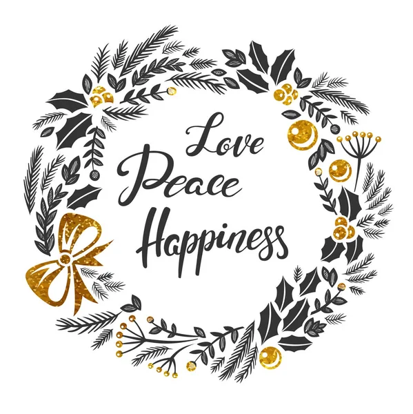 Love Peace Happiness Tarjeta Felicitación Navideña Con Diseños Letras Ilustraciones — Vector de stock