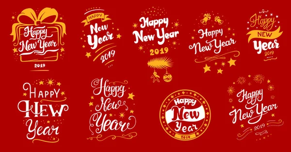 Año Nuevo 2019 Conjunto Diseños Letras Ilustraciones Vectoriales Blanco Amarillo — Vector de stock