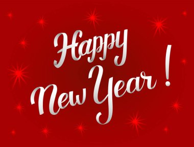 Mutlu yeni yıl tebrik kartıyla beyaz cilt tasarım yazı. Vektör yazı için afiş veya kart yıldız ile kırmızı bir arka plan üzerinde. Kaligrafi el yazı tipi kompozisyon çekilmiş