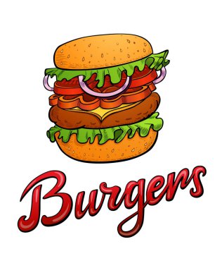 Yazı Burger ve illüstrasyon. Restoran Cafe bar Menü başlığı. Burger marul pirzola peynir soğan biber ve domates. Kaligrafi başlık. Renkli birim yazı tipi