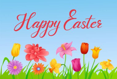 Mutlu Paskalya tebrik kartı kırmızı hat yazıtlar ve çiçekler resimler. Afiş ve posterler için vektör yazı. Çizilmiş yazı tipi kompozisyon el