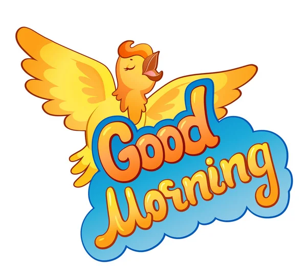 Guten Morgen Kommunikation Aufkleber Schriftzug Und Singvogel Sprechblase Worte Comic — Stockvektor