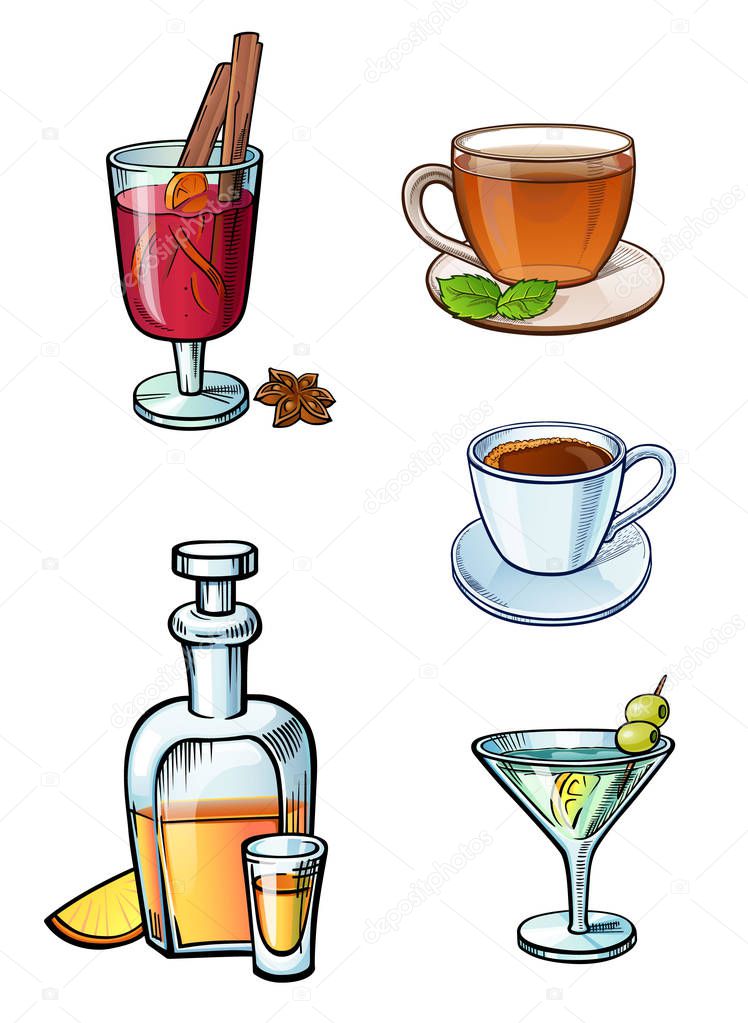 Restaurant cafe bar different type of a beverages colorful bright illustrations set. May be for menu stickers posters or other kind of design. Alcoholic and non-alcoholic hot and cold drinks in glass