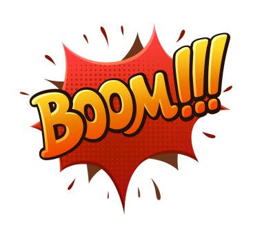 Boom iletişim etiket yazı. Çizgi roman tarzı sohbet kabarcık ünlem. Konuşma balonu kelime. Çizgi film vektör tipografik popüler sanat yazıt. Parlak renkli birim yazı tipi