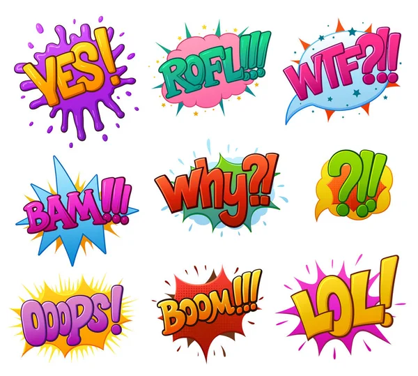 Set Van Communicatie Chat Stickers Belettering Toespraak Bubble Uitroepteken Komische — Stockvector