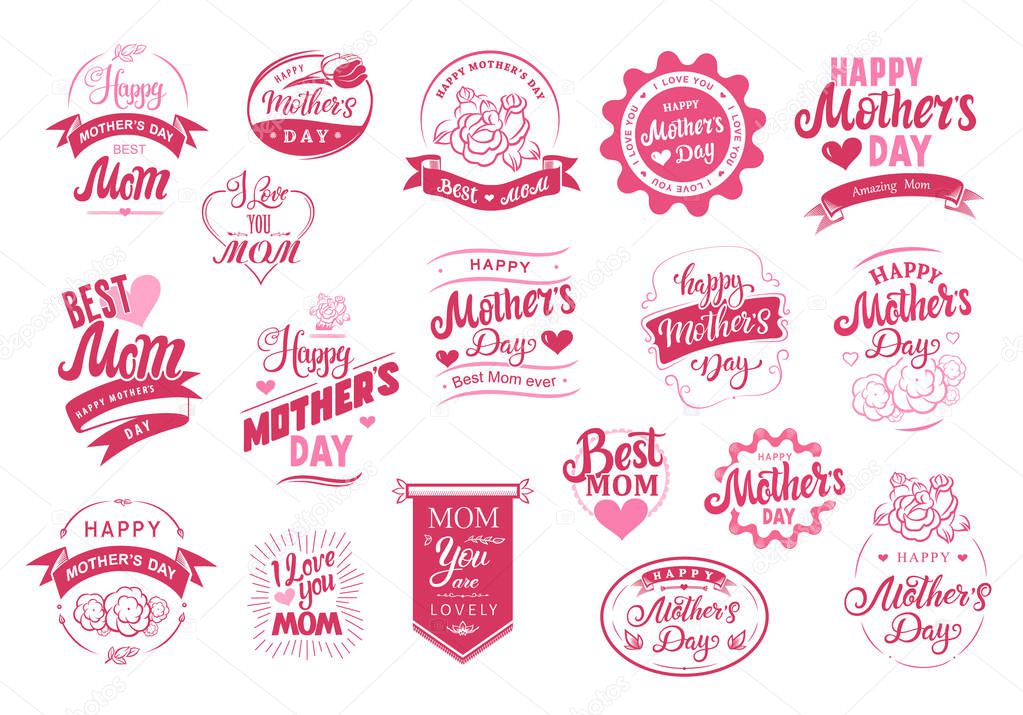 Happy Mother's Day set. Emblems logo badge font composition with hand drawn calligraphy hearts hairband and flowers. Lettering design for banners poster or t-shirt. Typographic symbols