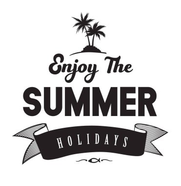 Yaz tatil amblem veya elle çizilmiş hat ile logo rozet keyfini çıkarın. Siyah vektör tasarımı için tatil tur beyaz bir arka plan üzerinde yazı. Bir avuç tipografik sembolü