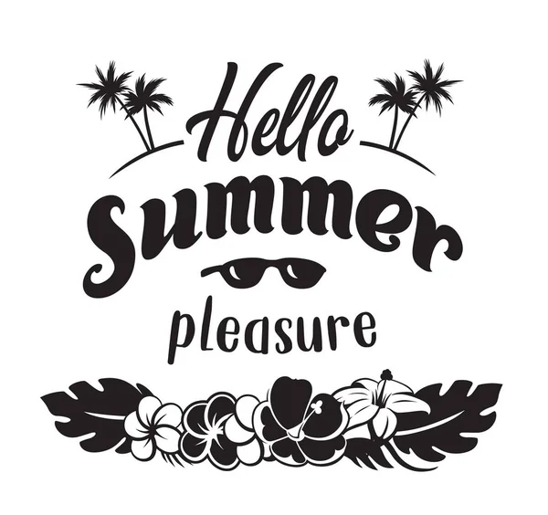 Hello Summer Pleasure Emblems Logo Badge Hand Drawn Calligraphy Black — Stock Vector