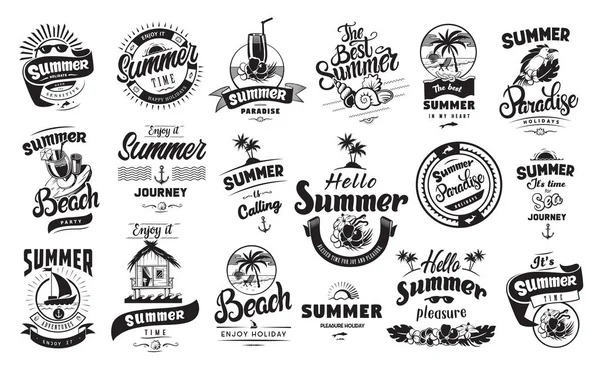 Emblemas Férias Verão Emblema Logotipo Definido Com Caligrafia Desenhada Mão — Vetor de Stock