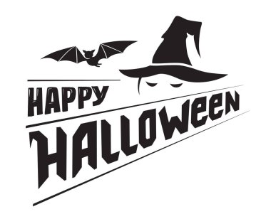 Mutlu Cadılar Bayramı amblemi veya logo rozeti el çizilmiş yazı tipi. Beyaz bir arka plan üzerinde afiş afiş veya t-shirt için All Saints 'Eve siyah vektör harf tasarımı. Yarasa ve cadı şapkası ile tipografik sembol