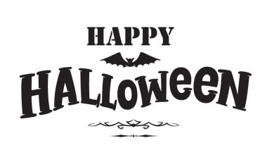 Mutlu Cadılar Bayramı amblemi veya logo rozeti el çizilmiş yazı tipi. Beyaz bir arka plan üzerinde afiş afiş veya t-shirt için All Saints 'Eve siyah vektör harf tasarımı. Yarasa ile tipografik sembol