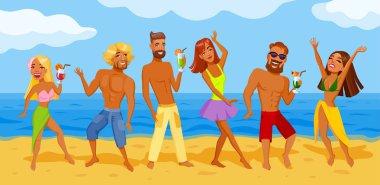 Denize karşı bir yaz plaj partisinde dans gençlerin Groupe. Bir kısmı elinde kokteyl tutuyor. Onlar bir pareo şort üstleri pantolon ve bikini giymiş. Farklı görünüm türleri