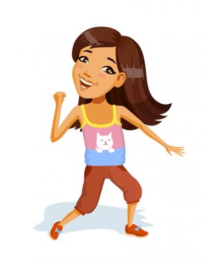 Kedi baskı ve pantolon ile parlak renkli t-shirt uzun saçlı Llittle neşeli kız. Asyalı çocuk dans güler ve aktif bir oyun oynar. Çocuk Bayramı için renkli illüstrasyon